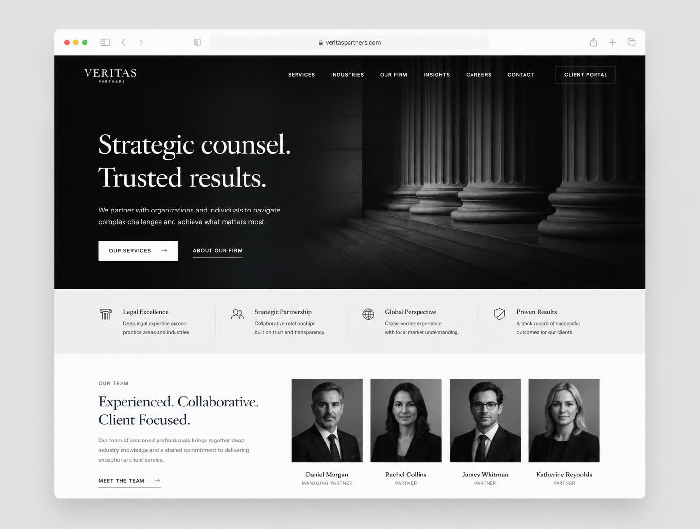 Desktop preview of a professional consulting firm website with a dark hero, credibility strip and team section